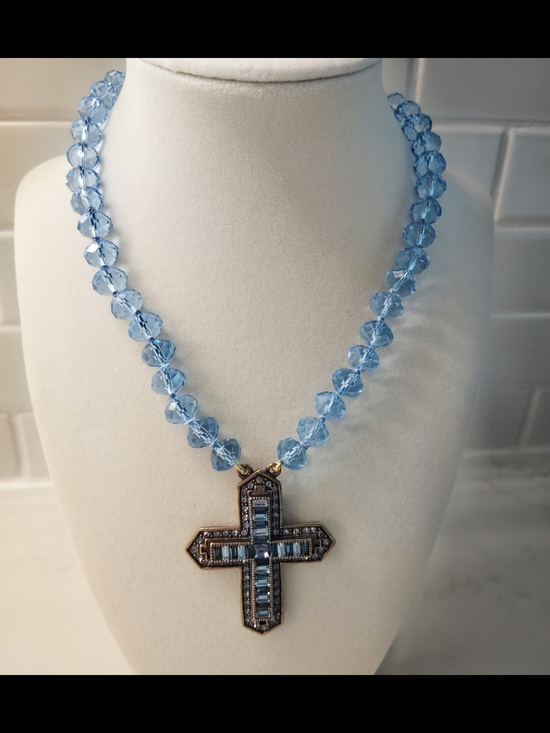 Heidi Daus Jewelry - Vintage Heidi Daus Blue Faceted Swarovski Crystal Necklace with Cross Pendant